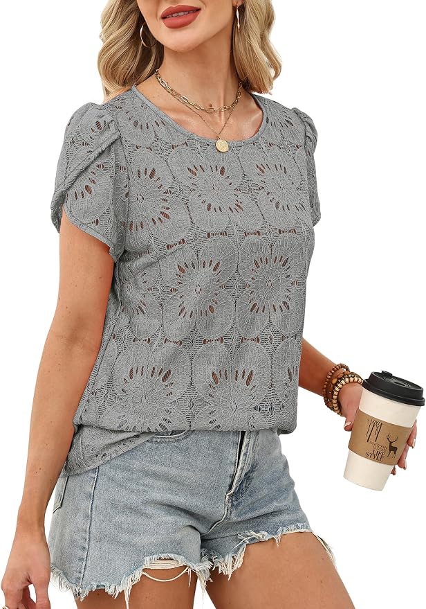 OFEEFAN Blouses for Women Dressy Casual Petal Short Sleeve Shirts Crochet Lace Boho Tops Spring Fashion Summer Outfits