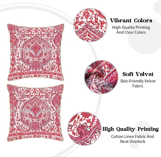 KSLIDS Pink Teal Flower Soft Velvet Throw Pillow Covers Set of 2 Boho Ethnic Red Foral Decorative Pillow Covers 20x20 Inch Bohemian Farmhouse Pillow Case for Sofa Couch Living Room Home Decor
