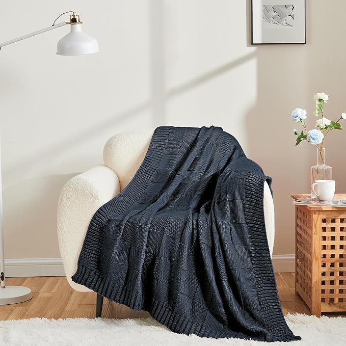 CozeCube Navy Blue Knitted Checkered Throw Blanket 50"X60" | Check Knit Throw for Couch, Decorative Christmas Soft Cozy Warm Blanket for Bed Sofa Living Room
