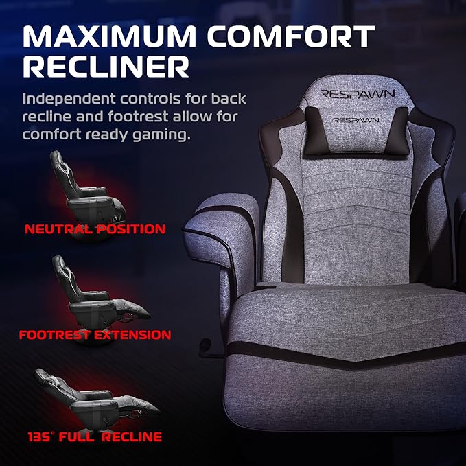 RESPAWN 900 Gaming Recliner Chair with Footrest, Cup Holder and Swivel | Ergonomic gaming recliner with footrest, cup holder, lumbar support, 135° recline & 360° swivel for console gaming