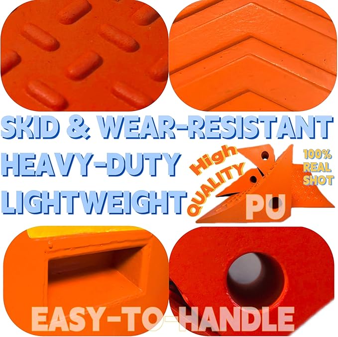 Heavy Duty Orange PU Wheel Chocks with Reflective Strips - 4-Piece,S/M,All-Weather, Non-Slip & Portable Parking Security for Truck, RV, Trailer (4, S)