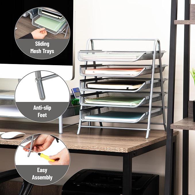 Mind Reader 5-Tier Paper Tray Organizer, Vertical Desktop File Storage Rack, Office, Metal Mesh, Silver