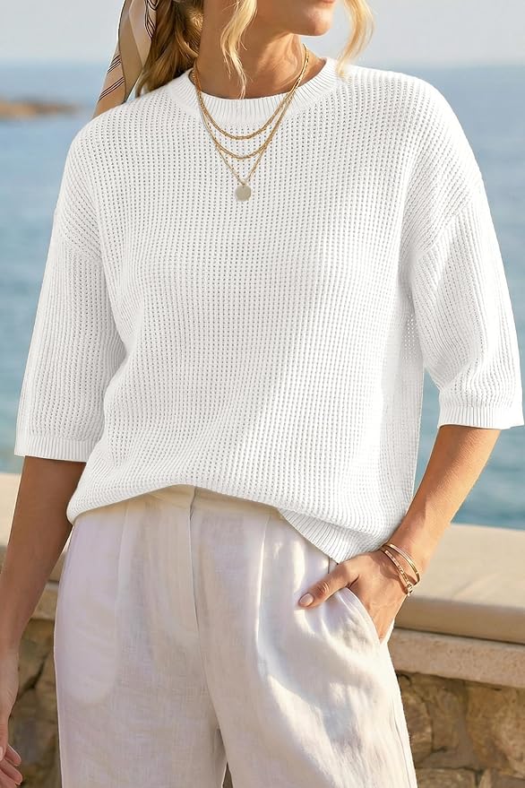 Arach&Cloz Womens Summer 100% Cotton Oversized Crochet Tops 3/4 Length Sleeve Sweater Hollow Out Casual Blouses 2026