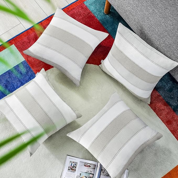 Pack of 2 Farmhouse Stripe Check Throw Pillow Covers Set Case Cotton Linen Decorative Pillowcases Cushion Cover for Couch Bench Sofa 16x16Inch Light Grey Beige
