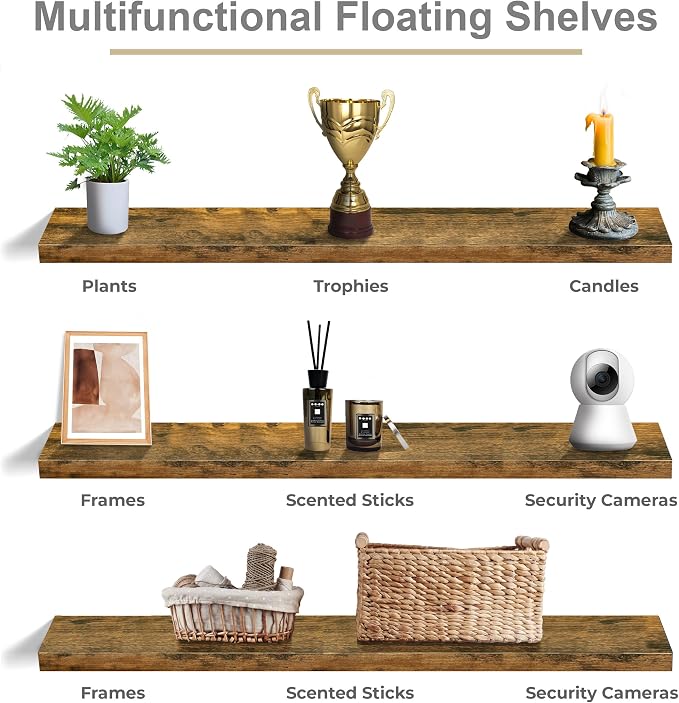 Sorbus Floating Shelves for Wall - 55 Inch Extra-Long Bathroom Shelves, Wall Decor for Bedroom, Kitchen, Living Room, Book Storage - Mounted Floating Shelf with Hidden Brackets (Rustic Brown, 3 Pack)