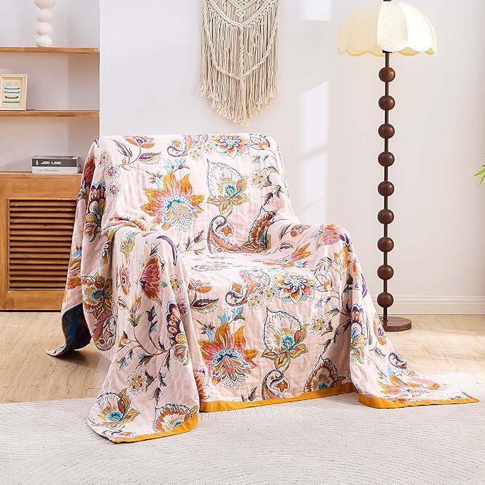 XIBLC Boho Throw Blanket for Bed, 100% Cotton Soft Rustic Quilt Fall Blanket, 50"x60" Floral Printed Farmhouse Decor Bed Blankets, All Season Rustic Reversible Bohemian Throw Quilt