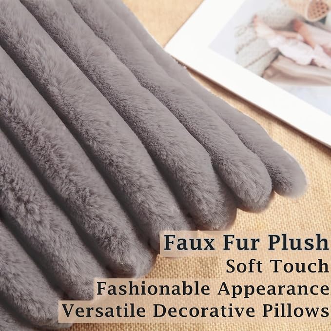 Decorative Throw Pillow with Inserts, Set of 2 Soft Faux Fur Throw Pillows, Square Boho Striped Pillow for Couch, Bed, Sofa Decor(Gray, 16" x 16")