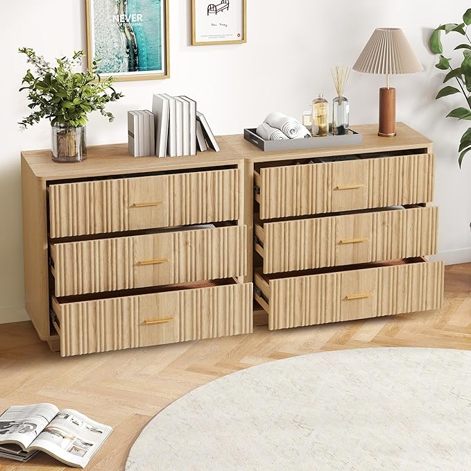 Fluted Dresser for Bedroom with 3 Drawers,31.5"Wide Modern Chest of Drawers with Metal Handle,Large Storage Dresser,Wood Closet Clothes Storage Organizer for Nursery Living Room Hallway,Natural 2 Sets