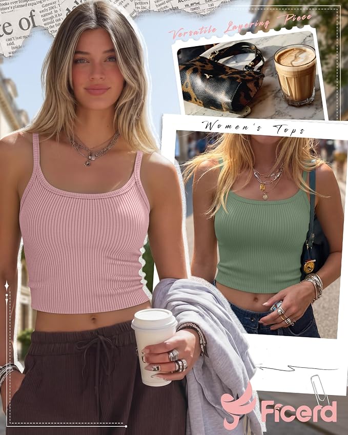 Ficerd 3 Pack Women's Tank Tops 95% Cotton Spaghetti Strap Ribbed Crop Camisole Slim Fitted Basic Summer Sleeveless Layer