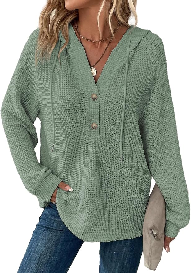 Dokotoo Hoodies for Women Waffle Knit Long Sleeve Drawstring Button V Neck Casual Sweatshirt Hooded Tops Fashion Clothing