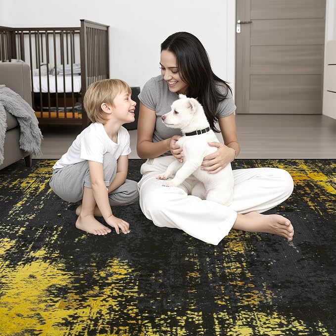 10x14 Area Rug Living Room Rug: Washable Modern Abstract Soft Thin Rug Indoor Floor No Slip Carpet for Bedroom Dining Room Farmhouse Nursery Home Office - Dark Black Gold
