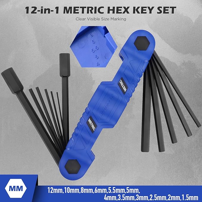 34-Piece Large Folding Hex Key Set, SAE Hex (3/32"-1/2"), Metric Hex (1.5-12mm) & Torx (T9–T55), 3-in-1 Heavy Duty Allen Key Set for Archery, Bike Repair, Furniture & Home Maintenance