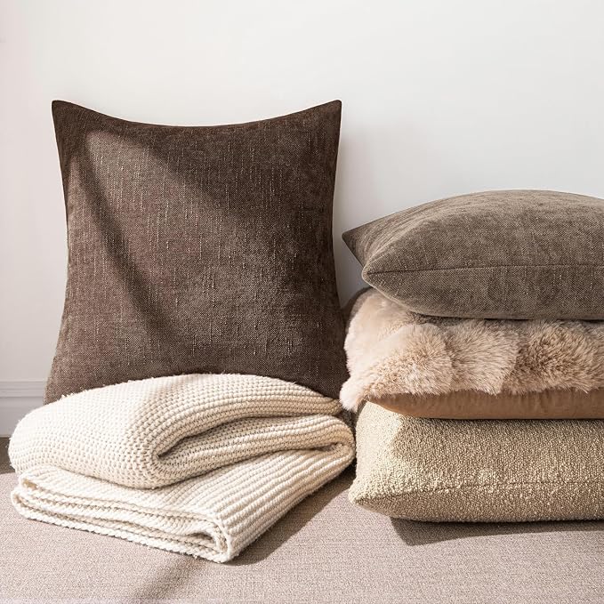 MIULEE Textured Chenille Throw Pillow Covers 22x22 Inch Chocolate Brown | Pack of 2 Decorative Soft Throw Pillows, Solid Textured Cushion Covers, Modern Home Decor for Couch Sofa Bedroom Living Room
