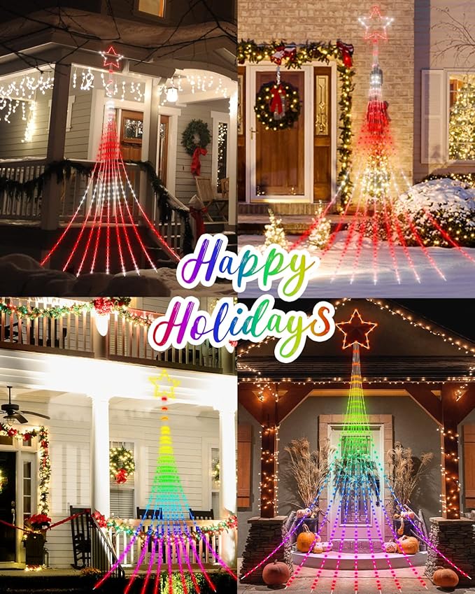 Outdoor Christmas Decorations Lights with Star, Smart DIY Custom Display 11.8Ft 100 Modes Yard Waterfall Tree String Lights, App Control 344LED RGB Color Changing Music Timer for Xmas Tree Lawn Decor