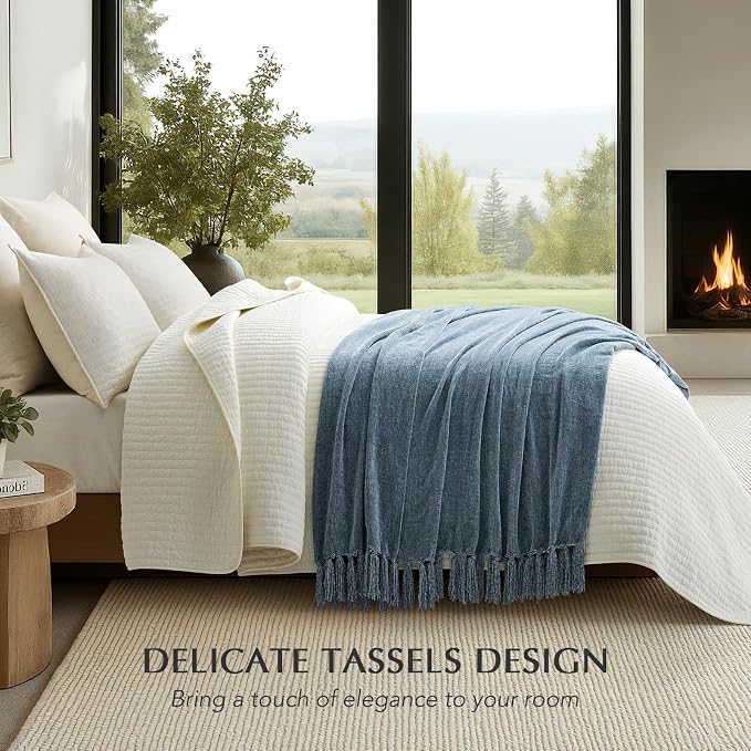 Chenille Knit Throw Blanket for Couch, 60"x80", Cloud Blue | Cozy Plush Fuzzy Knittd Throw with Tassels, Lightweight, Decorative, Farmhouse Decor, Ideal for Bed Sofa Gift, All Seasons
