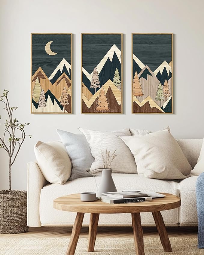KUVIOKE Huge 16x32in Wooden Mountains Range Landscape Wall Art Framed Tree Nature Wall Decor Moon Rises Prints Bedroom Living Room Ready to Hang Natural Framed