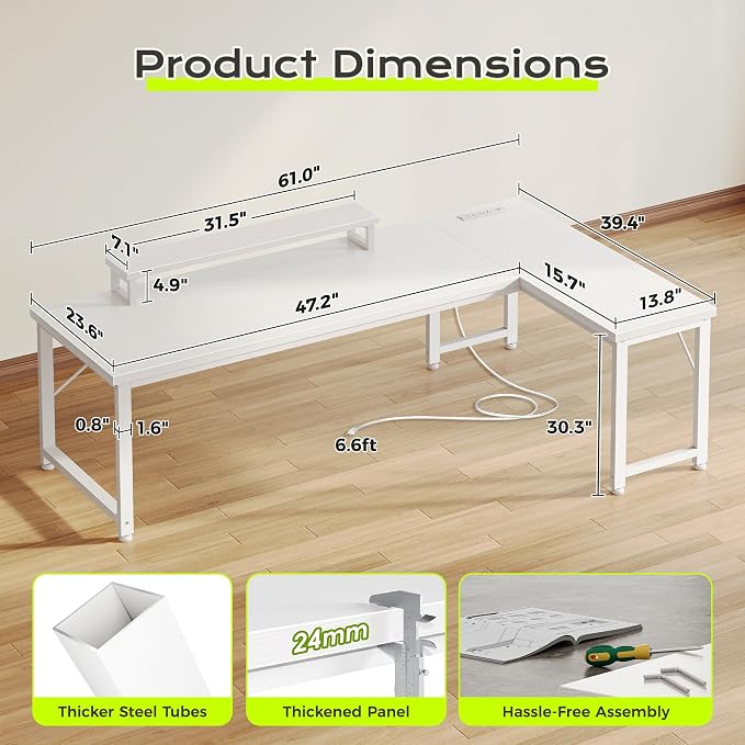 PRAISUN 61" L Shaped Computer Desk, Power Outlets, Monitor Stand, White | USB-C Ports, Reversible Charging Station, Spacious Desktop & Legroom, 0.94 Inch Thick Desktop, for Gaming, Study & Work