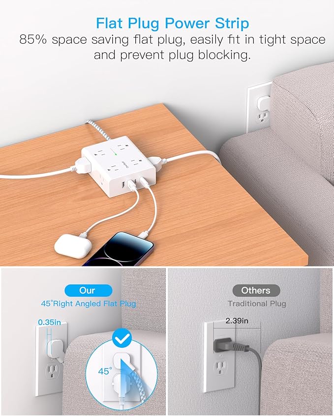 25Ft Extension Cord with Multiple Outlets, Flat Plug Power Strip Surge Protector 25 Ft Long Cord, 8 Outlet 4 USB Ports (2 USB C), Multi Outlet Wall Plug for Office, College, Dorm Room Essentials