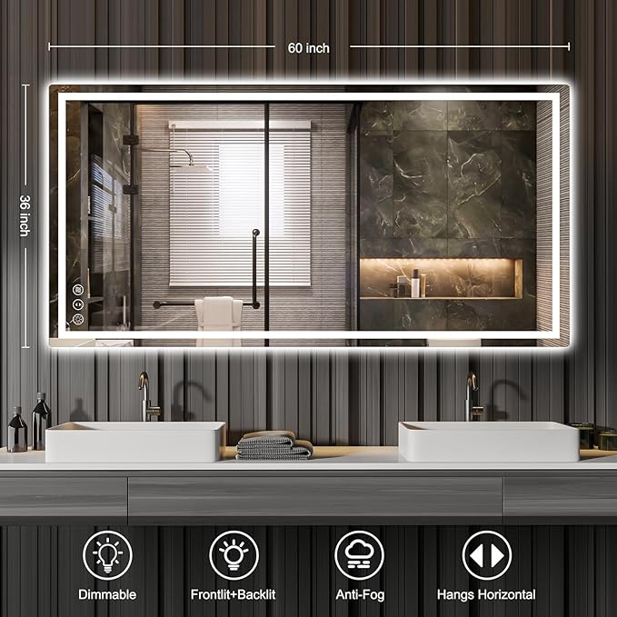 60x36 LED Bathroom Mirror with Lights, Anti Fog Vanity Mirror Wall Mounted, Dimmable Front Light and Backlight, Memory Function Tempered Glass, Shatter Proof ETL Listed