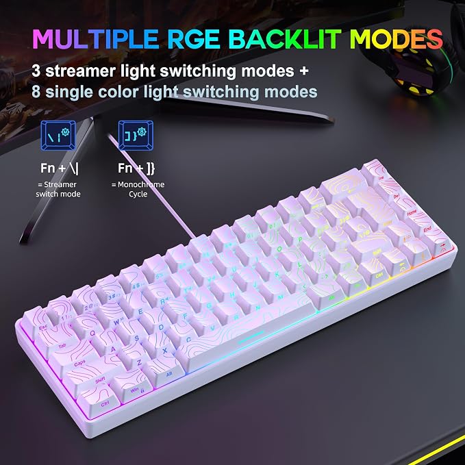 Snpurdiri 65% Wired Gaming Keyboard, 68 Keys RGB (Contour-line, White) | Backlit Ultra-Compact Small Gaming Keyboard, for PC/Mac Gamer, Typist, Travel, Easy to Carry on Business Trip