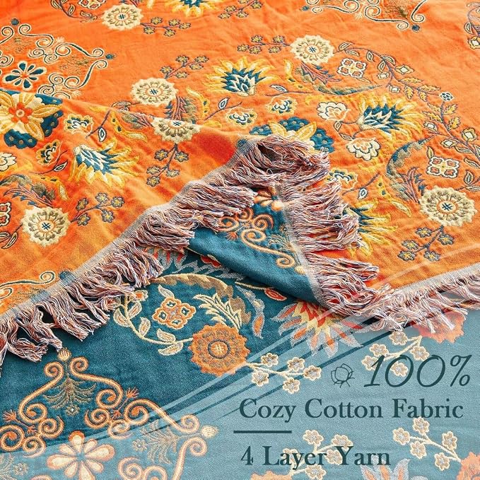 XIBLC Boho Throw Blanket, 100% Cotton Ultra Soft Luxury Throw Rustic Quilt, 80"x90" Floral Printed Farmhouse Decor Bed Summer Blankets, All Season Rustic Reversible Bohemian Throw for Bed - Orange