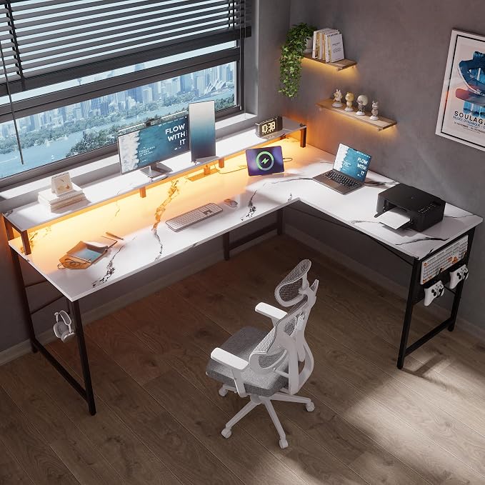 Pamray 64 Inch L Shaped Gaming Desk with Monitor Stand and Power Outlets | Large Corner Computer Desk With Pegboard & Led Lights USB Charging Ports for Home Office Study and Writing Bedroom and Dorms