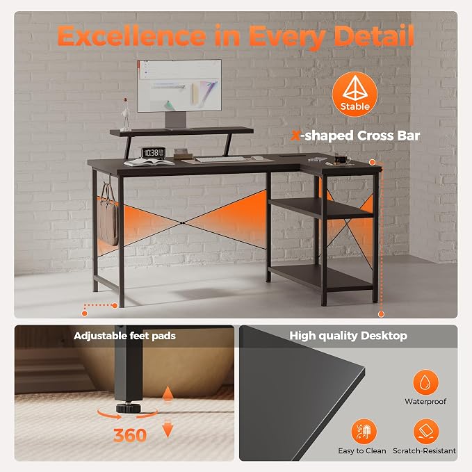 Mericonia 40 in Corner Desk with Monitor Stand, Small L Shaped Gaming Desk | Reversible Computer Desk with Power Outlets, LED Light & Storage Shelves, Office Table for Home Bedroom Study Work Writing
