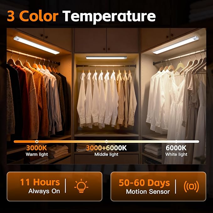 15.7inch Motion Sensor Cabinet Lights, 2400mAh 74 LED Beads, USB-C Charging, 3 Color Temperatures, for Long Lasting Durability Easy to Install, Magnetic Under Cabinet Lights for Kitchen (2 Pack)