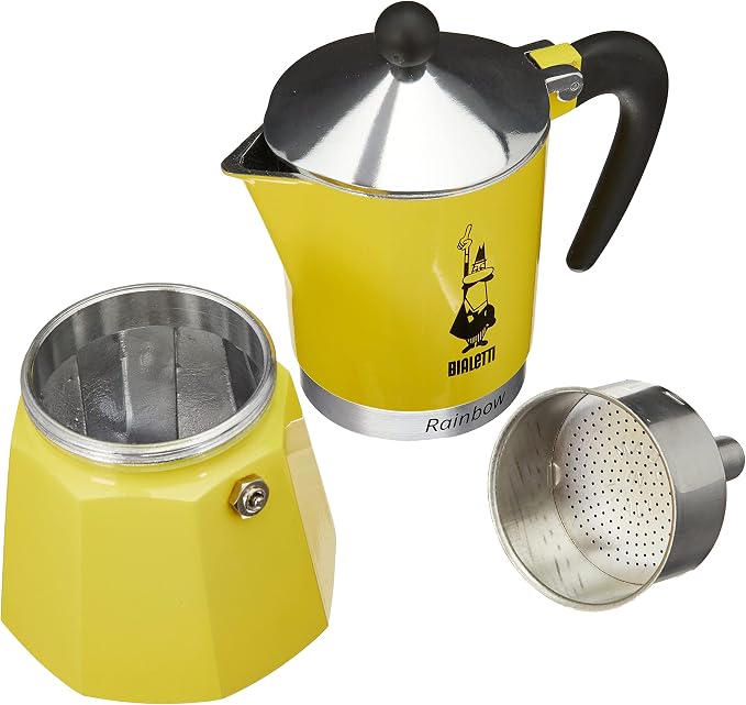 Bialetti Rainbow Moka Pot in Yellow, 6 Cup Stove Top Espresso Maker - Aluminum Cafetera for Ground Coffee, Italian Coffee Maker for Home Brewing