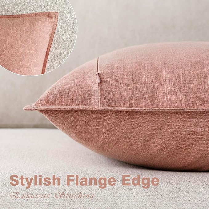 Foindtower Pack of 2, Decorative Linen Solid Throw Pillow Covers Soft Accent Euro Cushion Case Boho Farmhouse Pillowcase for Chair Couch Sofa Bedroom Living Room Home Decor 22 x 22 Inch Coral Pink