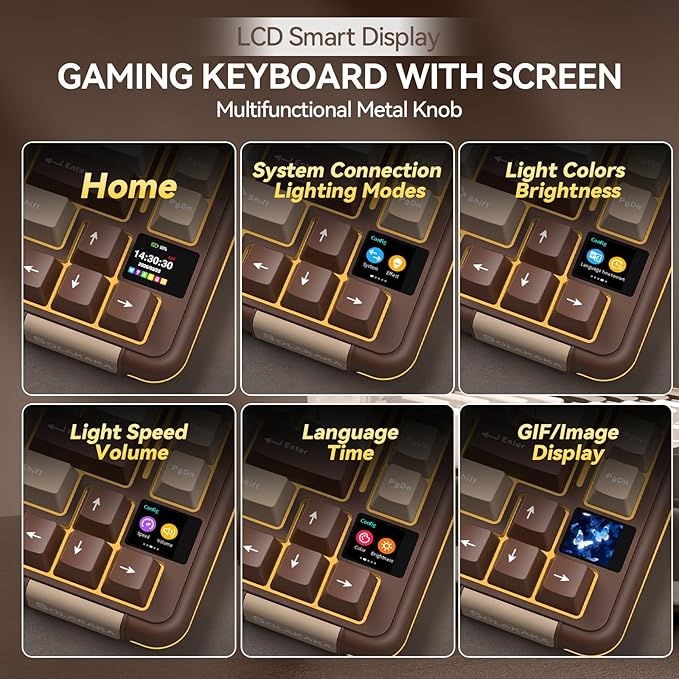 SOLAKAKA A75 PRO 75% Wireless Mechanical Keyboard with Screen and Knob, Tri-Mode Hot Swappable Gaming Keyboard, RGB Backlit Gasket Creamy Pre-lubed PBT Computer Keyboard for PC/Mac/Win,Brown
