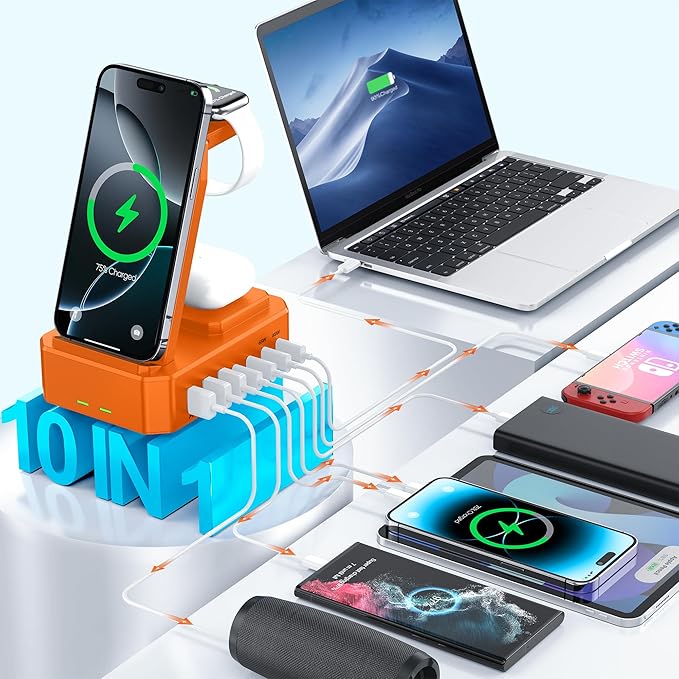 300W Charging Station for Multiple Devices Apple, Zutspzss 10 in 1 Wireless Charger for iPhone 16, GaN III USB C 65W PD Fast Charging Stand Dock for MacBook, Apple Watch&Airpods,Orange