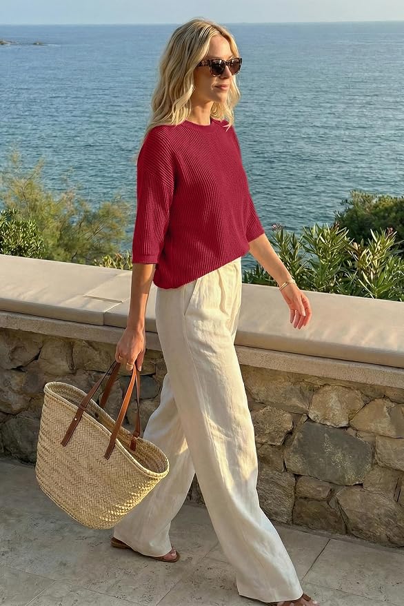 Arach&Cloz Womens Summer 100% Cotton Oversized Crochet Tops 3/4 Length Sleeve Sweater Hollow Out Casual Blouses 2026