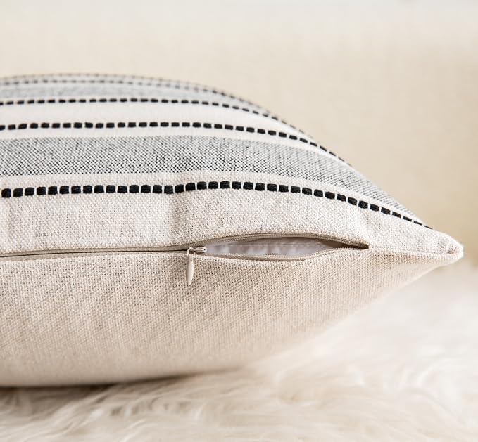 Cethom Decorative Boho Throw Pillow Covers, Farmhouse Textured Pillow Case, 22 x 22 Inch Set of 2, Chair Sofa Bedroom Living Room Home Decor Couch Cushion Case, Black and Beige Striped