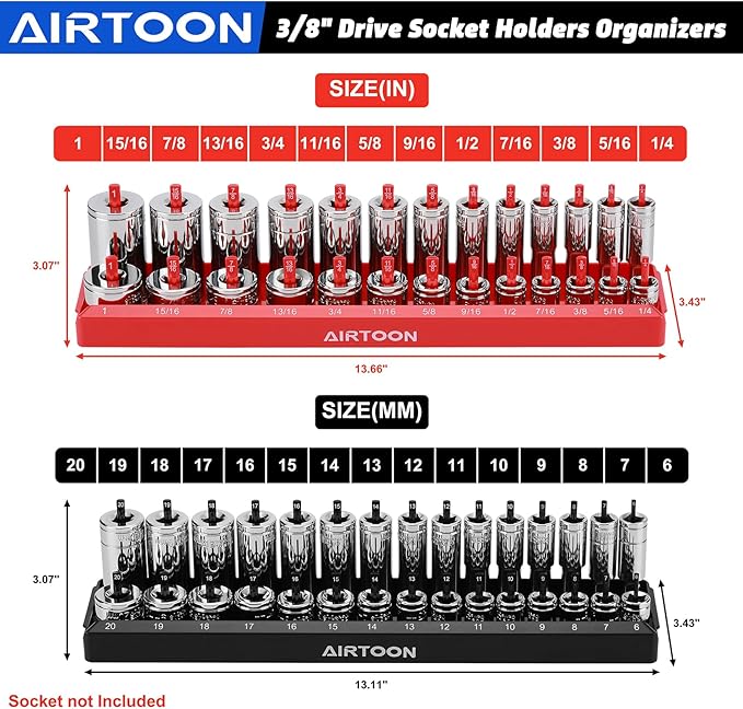 AIRTOON 8-Piece Socket Organizer Trays, SAE and Metric Socket Tray Set, 1/4", 3/8", and 1/2" Drive Deep and Standard Socket Holders Organizers for Toolbox, Black & Red