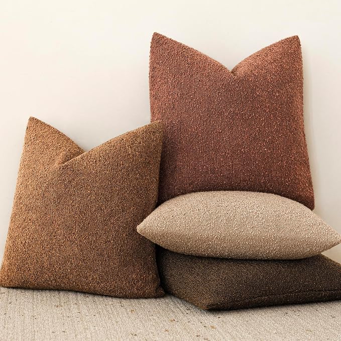 Foindtower Pack of 2 Modern Textured Boucle Throw Pillow Covers Accent Solid Decorative Pillow Cases Cozy Woven Couch Cushion Case for Chair Sofa Bedroom Living Room Home Decor 20x20 Inch Hazel Brown