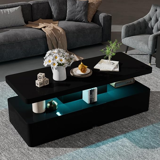 oneinmil Modern LED Coffee Table, 40" Living Room Tables with 16 Colors LED Lights, Double-Layer Design, Stylish Coffee Tables for Living Room, Black