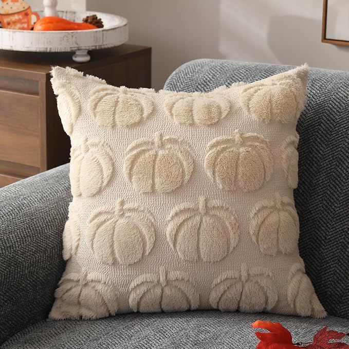 DFXSZ Fall Pillow Covers 20x20 2Pcs Beige Pumpkin Fall Decorations for Home | Fall decor Set of 2 Throw Pillow Cases Soft Plush Faux Fur Wool Couch Cushion for Chair Sofa Bedroom Living Room Home Decor