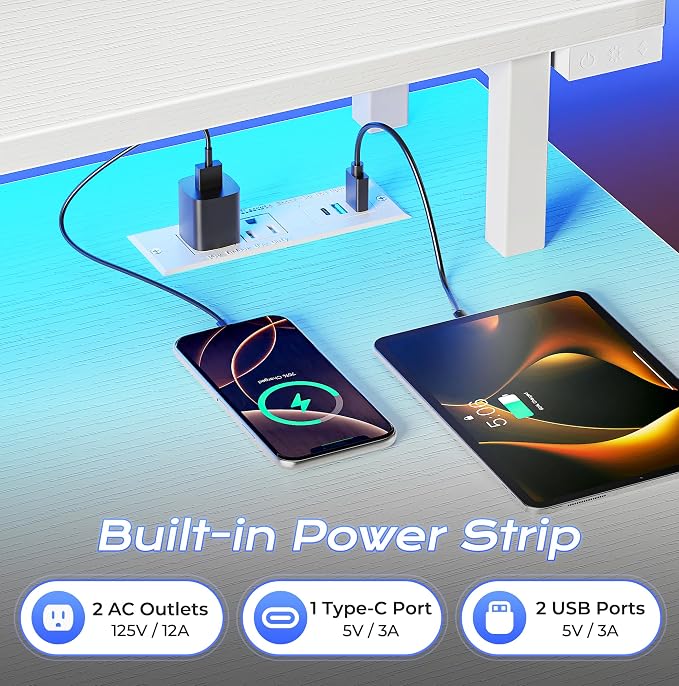 PRAISUN 40 inch Gaming Desk, LED & Power Outlets, Monitor Stand, White | Sturdy PC Desk for Home Office, Study & Work, LED Lights, 4 AC Outlets & USB-C Charging Station
