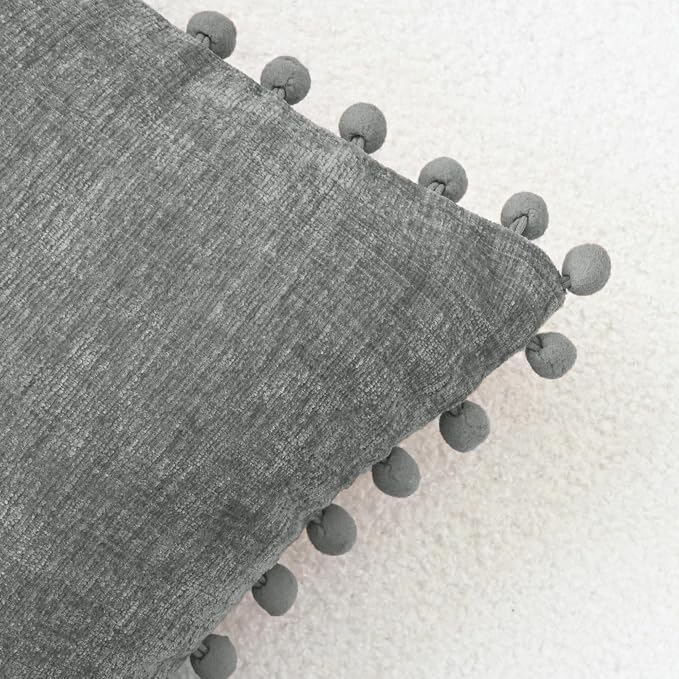 CaliTime Decorative Couch Throw Pillow Covers 16 X 16 Inches Medium Grey | Pack of 2, Cozy Chenille Cushion Cases, with Pom Poms for Sofa Bed Living Room Farmhouse Home
