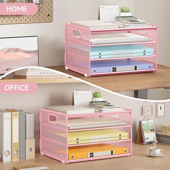 Subekyu Paper Letter Tray Organizer for Desk, Pink Metal Mesh Desk File Sorter Organizer with Handle and 2 Sliding Trays for Home Office School Supplies Organization