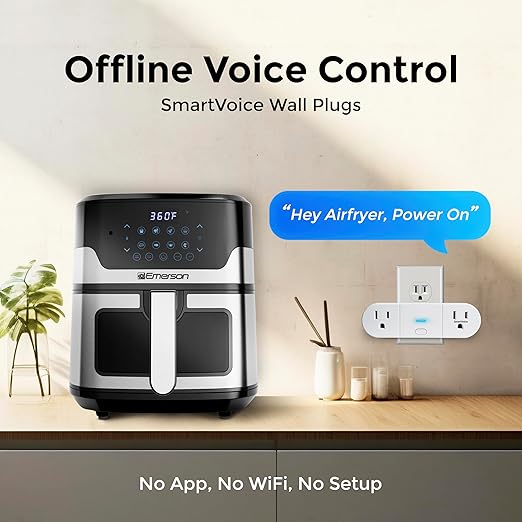 Emerson SmartVoice 2-in-1 Dual Wall Plug, Offline 30+ Voice Control Commands - No APP, No WiFi, No Setup, Smart Outlet Extender for Home and Office, Sleep & Wake Timer, ETL Listed