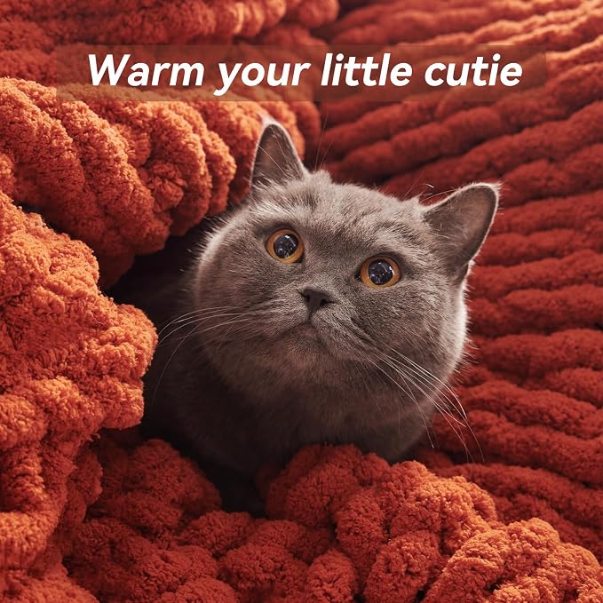 Negwoo Chunky Knit Throw Blanket, Knitted Throw Chenille Yarn, 60"*80" | Soft Thick Cable Knitted Blankets, Handmade Big Thick Blanket, Machine Washable Cute Comfy Blanket for Home Decor, Orange