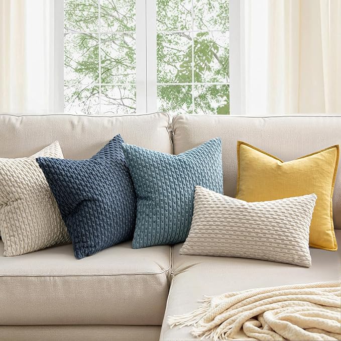 MIULEE Decorative Throw Pillow Covers 18x18 Cream White Textured Corduroy | Pack of 2 Striped Pillow Covers Modern Farmhouse Home Decor for Couch Bed Sofa Living Room