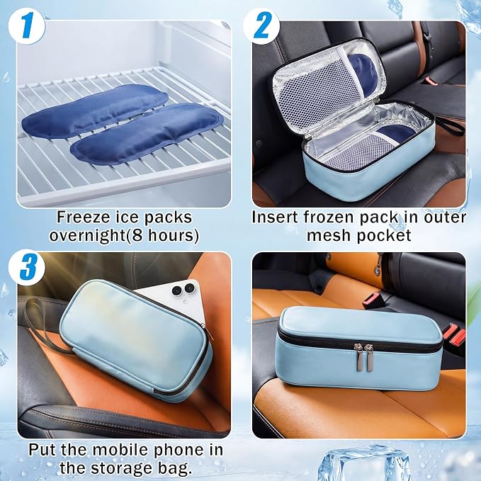 Phone Cooler Bag for Beach, Portable Phone Cooling Pouch with 2 Reusable Ice Packs, Keeps Cool in Extreme Heat for Car Pool Hiking, Extends Battery Life, Fits All Smartphones(Blue,PU)