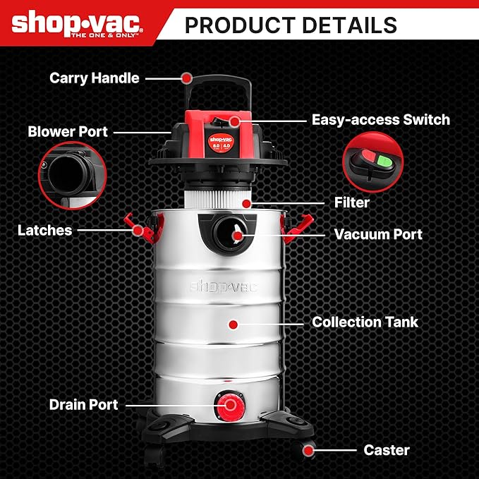 Shop-Vac 8 Gallon 4.0 HP Wet/Dry Vacuum with Blower Function, Stainless Steel Tank, Portable Shop Vacuum with Wheels, Includes Filters, Hose & Accessories, Ideal for Garage and Workshop