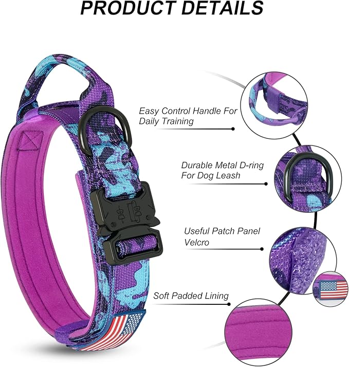 Hotsky Tactical Dog Collar, Adjustable Military Training Nylon Airtag Collar with Handle and Heavy Duty Metal Buckle for Medium Large Dogs, with Airtag Holder and Two Patches（Purple Camo,M）