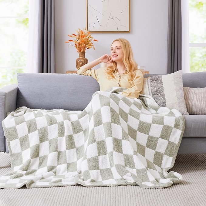 Soft Checkered Throw Blanket for Couch-Cozy Warm Knitted Blankets | Lightweight Warm Fluffy Decor for Women, Mom, Her & Girls, Sofa, Chair, Bed, 50x70in, Sage Green
