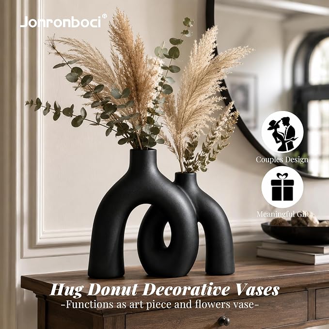 Matte Black Vase Set - Hug Hollow Donut Aesthetic Ceramic Vases Home Decor, Modern Nordic Minimalist Decorative Vase for Table Centerpiece Bookshelf Office Entryway Console Fireplace (Black)