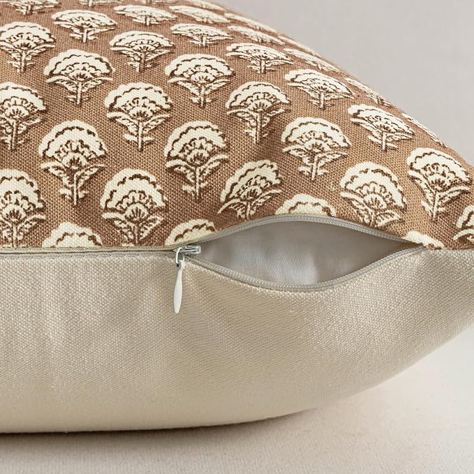 MIULEE Floral Print Decorative Euro Pillow Covers 22x22, Cognac | Vintage Boho Farmhouse Modern Home Decor, Set of 2, Block Print Cushion Covers for Couch Sofa Bed Living Room